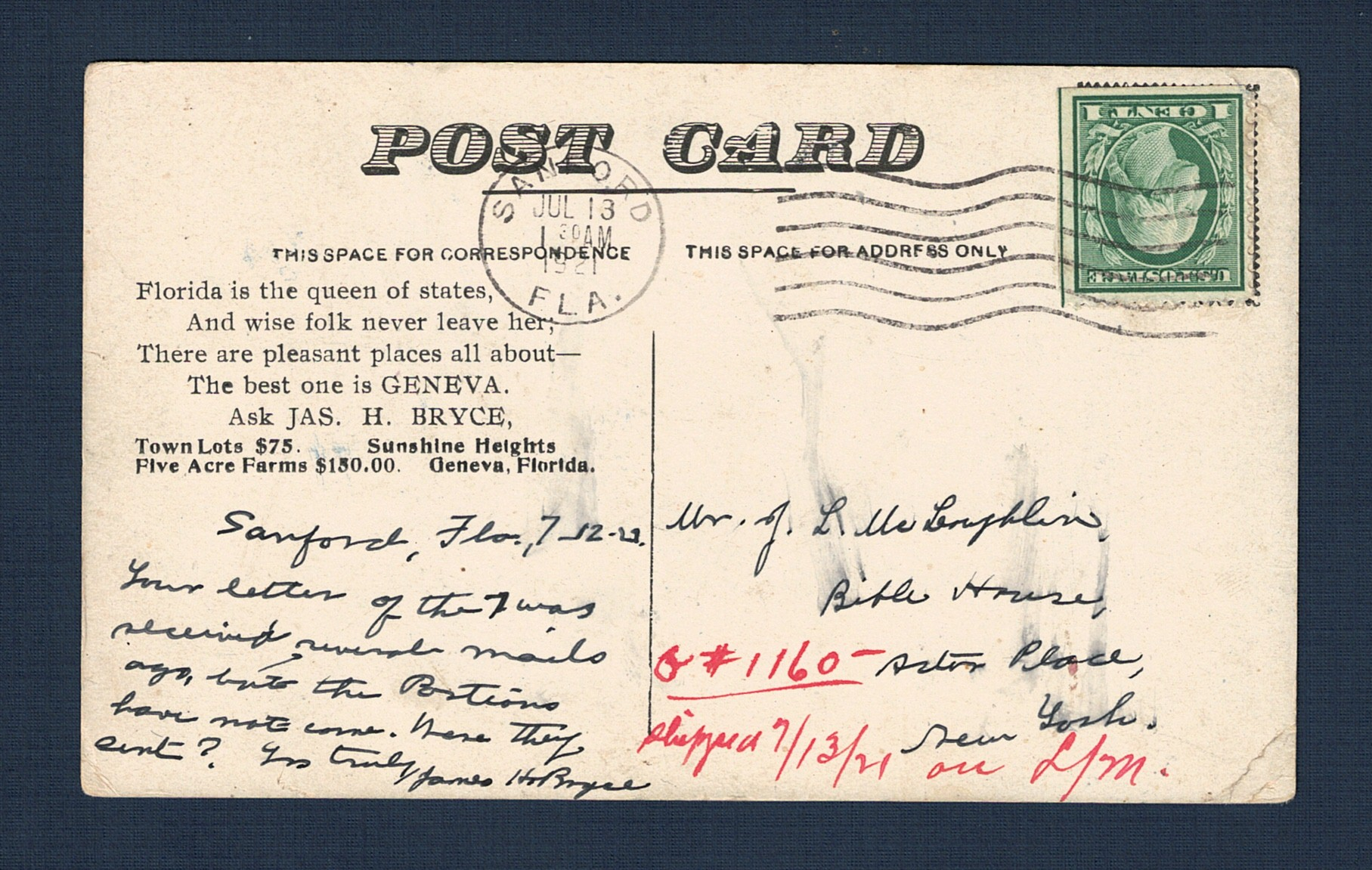 19210713 Sanford FL to New York NY - Back